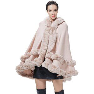 Women Hooded Poncho Cape Faux Fur Shawl Wrap with Fur Trim Sleeveless Cardigan